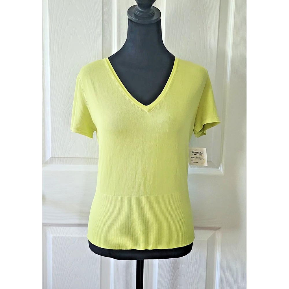 Women's Knit Top / Sweater by Khangura Short Sleeve V Neck in Lime Size Medium